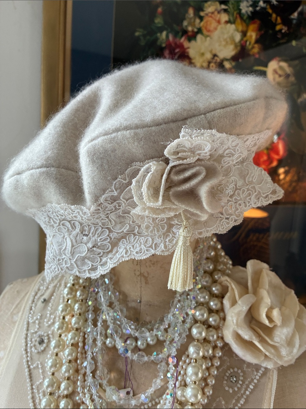 Cream Lace-Trimmed Cashmere Beret with Flower & Tassel